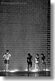 america, black and white, chicago, childrens, crown fountains, fountains, illinois, millenium park, nite, north america, people, united states, vertical, water, photograph