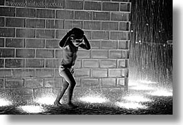 america, black and white, chicago, childrens, crown fountains, fountains, horizontal, illinois, millenium park, nite, north america, people, united states, water, photograph