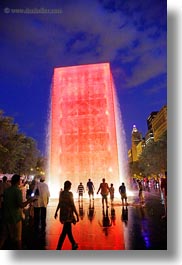 america, bricks, chicago, crown fountains, glow, illinois, lights, materials, millenium park, nite, north america, people, red, towers, umbrellas, united states, vertical, water, photograph