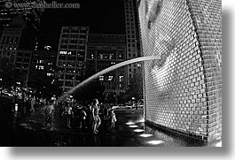 america, black and white, chicago, childrens, crown fountains, fisheye lens, fountains, horizontal, illinois, millenium park, nite, north america, people, spewing, united states, water, photograph