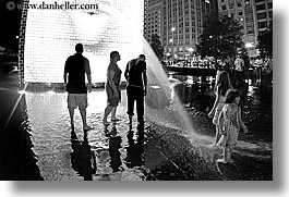 america, black and white, chicago, childrens, crown fountains, fisheye lens, fountains, horizontal, illinois, millenium park, nite, north america, people, spewing, united states, water, photograph