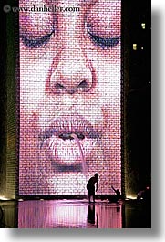 america, chicago, childrens, crown fountains, fountains, illinois, millenium park, nite, north america, people, spewing, united states, vertical, water, photograph