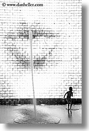 america, black and white, chicago, childrens, crown fountains, fountains, illinois, millenium park, nite, north america, people, spewing, united states, vertical, water, photograph