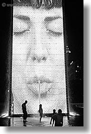 america, black and white, chicago, childrens, crown fountains, fountains, illinois, millenium park, nite, north america, people, spewing, united states, vertical, water, photograph