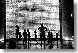 america, black and white, chicago, childrens, crown fountains, fountains, horizontal, illinois, millenium park, nite, north america, people, spewing, united states, water, photograph