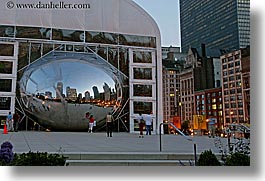 america, artwork, chicago, clouds, construction, dusk, horizontal, illinois, millenium park, north america, reflections, slow exposure, the cloud, united states, photograph