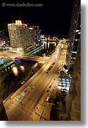 america, buildings, chicago, cityscapes, illinois, long exposure, nite, north america, streets, united states, vertical, wacker, photograph