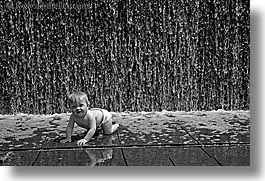 america, babies, black and white, boys, chicago, crawl, fountains, hellers, horizontal, illinois, jacks, north america, people, united states, water, waterfalls, photograph