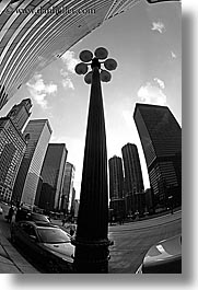 america, black and white, chicago, cityscapes, fisheye lens, illinois, lamp posts, north america, streets, united states, vertical, photograph