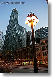 america, buildings, chicago, dusk, illinois, lamp posts, north america, skyscrapers, streets, united states, vertical, photograph