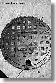 america, black and white, chicago, illinois, manholes, north america, streets, united states, vertical, photograph