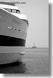 america, black and white, boats, chicago, illinois, lighthouses, north america, odyssey, ships, united states, vertical, water, water front, photograph