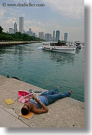 america, boats, chicago, cities, cityscapes, illinois, men, north america, sunbathers, united states, vertical, water, water front, photograph