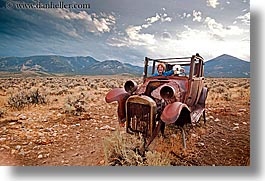 america, arts, baker, cars, clouds, desert, horizontal, metal, mothers, mountains, nevada, north america, old, united states, western usa, womens, photograph