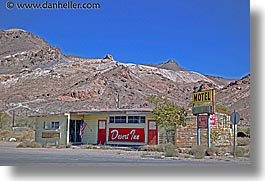 america, desert, ghost town, horizontal, inn, motel, nevada, north america, rhyolite, united states, western usa, photograph