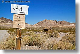america, ghost town, horizontal, jail, nevada, north america, rhyolite, signs, united states, western usa, photograph