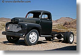 america, black, ghost town, horizontal, nevada, north america, old, rhyolite, trucks, united states, western usa, photograph