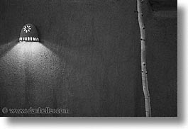 america, architectures, black and white, desert southwest, horizontal, indian country, new mexico, north america, santa fe, sconces, southwest, trees, united states, western usa, photograph