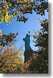 america, liberty, new york, new york city, north america, statues, trees, united states, vertical, photograph
