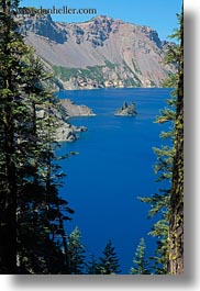 america, crater lake, geology, islands, lakes, nature, north america, oregon, phantom, phantom ship, plants, ships, trees, united states, vertical, water, photograph