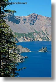 america, crater lake, geology, islands, lakes, nature, north america, oregon, phantom, phantom ship, plants, ships, trees, united states, vertical, water, photograph