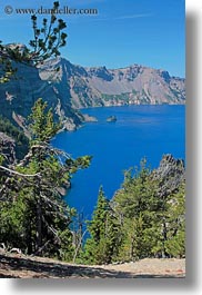 america, crater lake, geology, islands, lakes, nature, north america, oregon, phantom, phantom ship, plants, ships, trees, united states, vertical, water, photograph