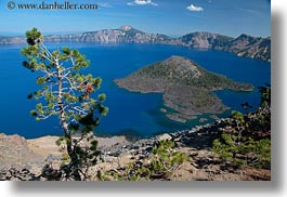 america, crater lake, geology, horizontal, islands, north america, oregon, trees, united states, wizard, wizard island, photograph