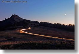 america, cars, crater lake, horizontal, lights, long exposure, moon, mountains, nite, north america, oregon, over, streaks, united states, photograph
