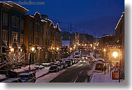 america, buildings, horizontal, nite, north america, park ave, park city, slow exposure, snow, streets, united states, utah, western usa, photograph