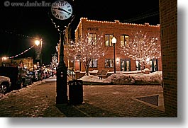 america, buildings, clocks, horizontal, nite, north america, park city, slow exposure, snow, united states, utah, western usa, photograph