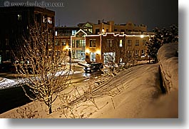 america, buildings, hillside, horizontal, nite, north america, park city, slow exposure, snow, united states, utah, western usa, photograph