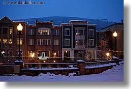 america, buildings, horizontal, lamp posts, nite, north america, park city, snow, towns, united states, utah, western usa, photograph