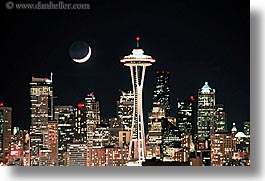 america, buildings, cityscapes, horizontal, moon, nite, north america, pacific northwest, seattle, space needle, structures, united states, washington, western usa, photograph