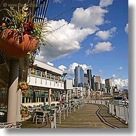 america, boardwalk, buildings, cityscapes, clouds, nature, north america, pacific northwest, seattle, sky, square format, structures, united states, washington, western usa, photograph