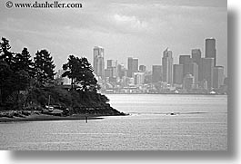 america, black and white, buildings, cityscapes, horizontal, islands, north america, pacific northwest, seattle, structures, united states, washington, western usa, photograph