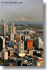 america, buildings, cityscapes, mountains, nature, north america, pacific northwest, rainier, seattle, snowcaps, structures, united states, vertical, washington, western usa, photograph