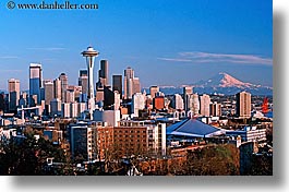 america, buildings, cityscapes, horizontal, mountains, nature, north america, pacific northwest, rainier, seattle, snowcaps, space needle, structures, united states, washington, western usa, photograph