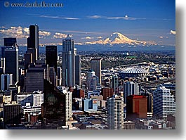america, buildings, cityscapes, horizontal, mountains, nature, north america, pacific northwest, rainier, seattle, snowcaps, structures, united states, washington, western usa, photograph