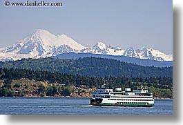 america, ferry, horizontal, mountains, mt baker, nature, north america, ocean, pacific northwest, seattle, snowcaps, united states, washington, water, western usa, photograph