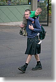 america, boys, carrying, childrens, clothes, fathers, kilt, north america, pacific northwest, people, seattle, united states, vertical, washington, western usa, photograph