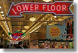 america, floors, horizontal, lights, lower, neon, north america, pacific northwest, pike place, seattle, signs, united states, washington, western usa, photograph
