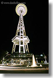 america, buildings, fountains, long exposure, nite, north america, pacific northwest, seattle, space needle, structures, towers, united states, vertical, washington, western usa, photograph