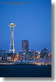 america, buildings, cityscapes, dusk, long exposure, nite, north america, pacific northwest, seattle, space needle, structures, towers, united states, vertical, washington, western usa, photograph
