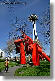 america, arts, branches, buildings, modern art, nature, north america, pacific northwest, plants, red, sculptures, seattle, space needle, structures, towers, trees, united states, vertical, washington, western usa, photograph