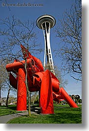 america, arts, branches, buildings, modern art, nature, north america, pacific northwest, plants, red, sculptures, seattle, space needle, structures, towers, trees, united states, vertical, washington, western usa, photograph