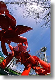 america, arts, branches, buildings, fisheye lens, modern art, nature, north america, pacific northwest, plants, red, sculptures, seattle, sky, space needle, structures, sun, towers, trees, united states, vertical, washington, western usa, photograph