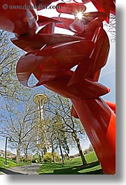 america, arts, buildings, fisheye lens, modern art, north america, pacific northwest, red, sculptures, seattle, space needle, structures, towers, united states, vertical, washington, western usa, photograph