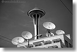 america, black and white, buildings, horizontal, north america, pacific northwest, satellite dish, seattle, space needle, structures, towers, united states, washington, western usa, photograph
