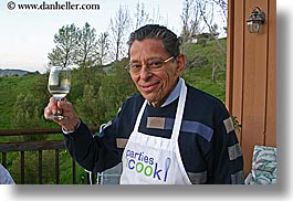 apron, clothes, cooks, foods, horizontal, joe, men, people, personal, senior citizen, toasting, wines, photograph